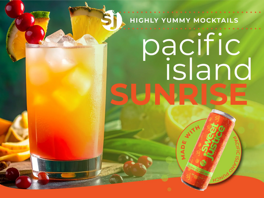 A dreamy THC-infused mocktail made with Pacific Island Punch, coconut water, lime, and grenadine, layered like a tropical sunrise.