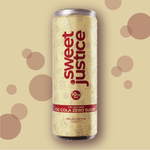 Sweet Justice OG Cola Zero Sugar single can, front label view on gold background