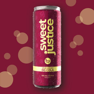 Sweet Justice OG Cola single can, front label view on gold background