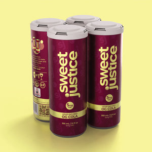 Sweet Justice OG Cola 4-pack, front label view on gold background
