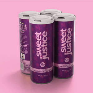 Sweet Justice Cherry Cola 4-pack, front label view on purple background