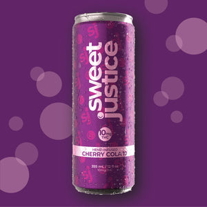 Sweet Justice Cherry Cola single can, front label view on purple background