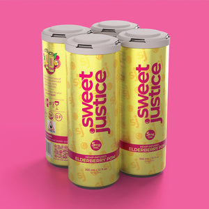 Sweet Justice Elderberry Pom 4-pack, front label view on pink background
