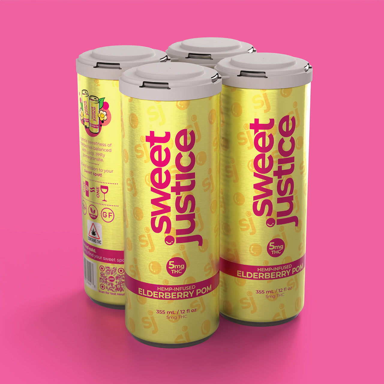 Sweet Justice Elderberry Pom 4-pack, front label view on pink background
