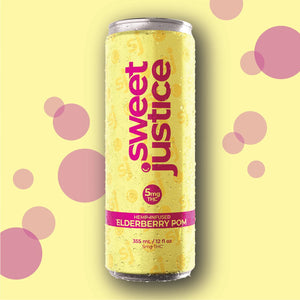 Sweet Justice Elderberry Pom single can, front label view on yellow background