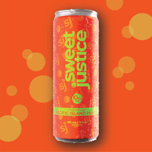 Sweet Justice Pacific Island Punch single can, front label view on orange background