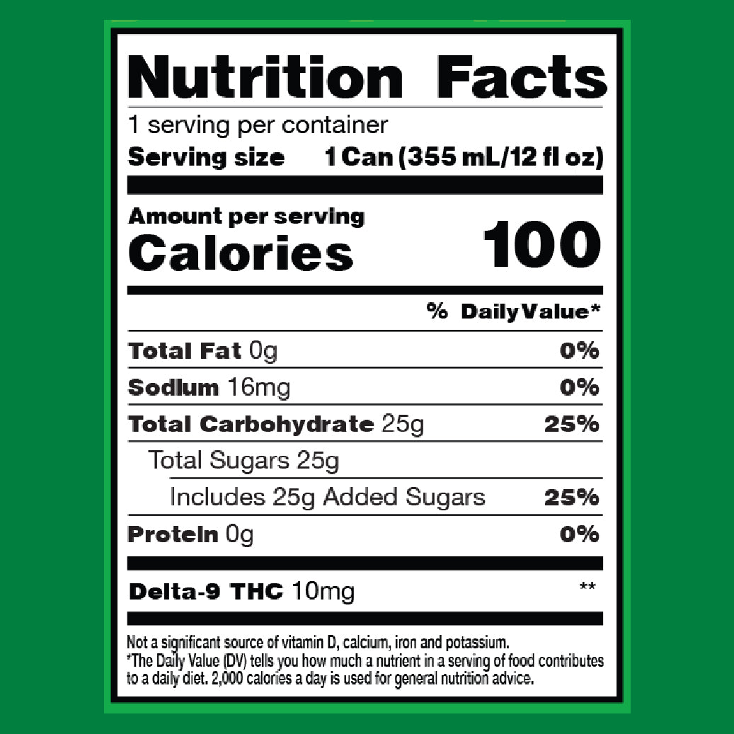 Graphic: Sweet Justice Lemonade Ginger Ale nutrition / supplement facts chart - 100 calories, 25g carbohydreates, 25g sugar, 10mg Delta-9 THC