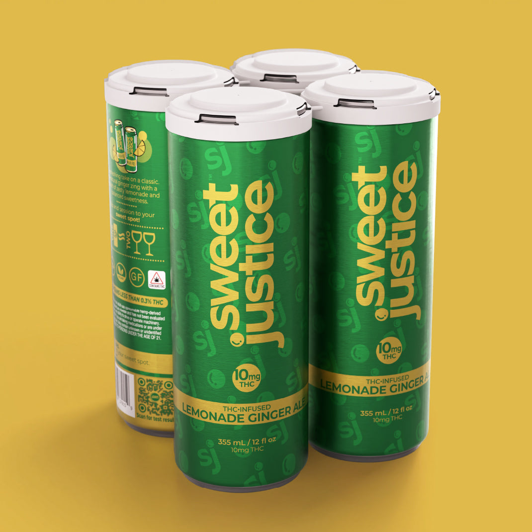 Sweet Justice Lemonade Ginger Ale 4-pack (10mg THC), front label view on yellow background