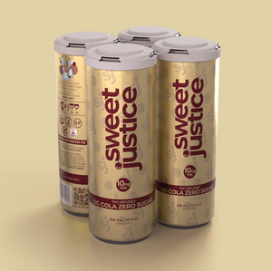 Sweet Justice OG Cola Zero Sugar 4-pack, front label view on gold background
