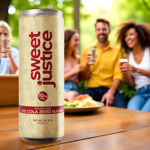 Sweet Justice OG Cola Zero Sugar single can in foreground with people in background